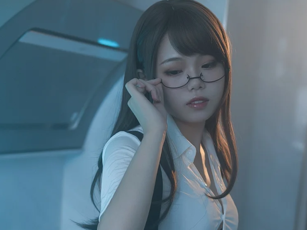 白衫黑裤加一副眼镜,七月喵子的眼镜娘1号在厨房拍出了俏皮感